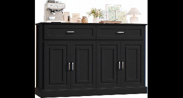 Sierra, Dressoir, 140 cm breed, keukenkast met werkblad, keukenbuffet, buffetkast, keukeneiland, koffiebar, meubel, commode met deuren voor woonkamer, keuken, eetkamer, 140 x 39,5 x 92,5 cm, zwart