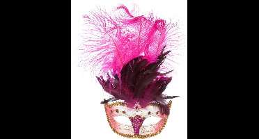 Venetiaans masker grote veer roze