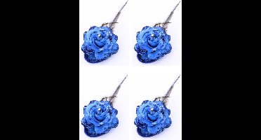 Spaanse of Hawaii thema haarbloem - 4x stuks - blauw - met speld/elastiek - verkleden - kunststof