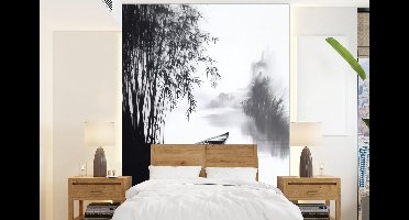 Behang - Fotobehang Boot - Rivier - Bamboe - Wit - Breedte 190 cm x hoogte 260 cm