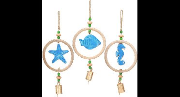 Hangdecoratie maritieme windgong hout naturel blauw H35cm 3st