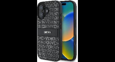 DKNY - Backcover iPhone 16 - PU Leather Repeat Pattern Tonal Stripe - Zwart