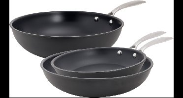 Cookinglife Pannenset Revolt 3-delig - Wokpan + 2 Koekenpannen - Aluminium RVS Bodem - Zwart Keramisch PFAS-vrij - Wok 28 cm + Koekenpannen 24/28 cm