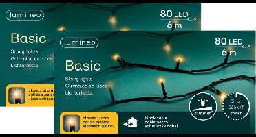 Lumineo Kerstverlichting - 2x - 80 leds -klassiek warm wit -600 cm - black cable - timer en dimmer
