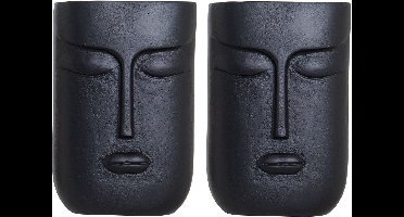 Set van 2x stuks bloemenvaas zwart van aluminium met gezicht 15 x 6 x 23 cm - Bloemen of takken vaas voor binnen