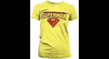 Superman T-shirt voor dames met logo in blokletters, meisjesachtig, geel