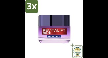 3 x L'Oréal Revitalift Filler Nachtcrème 50 ml - Grootverpakking - Anti-aging Crème - Nachtcrème - Rimpelverlichting - Huidverzorging - Micro-hyaluronzuur