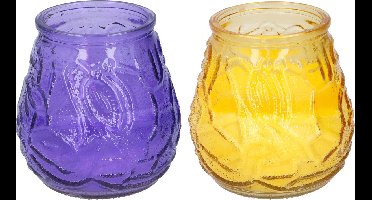Arti Casa 4x stuks Citronella Lowboy tafelkaarsen 10 cm geel en paars glas