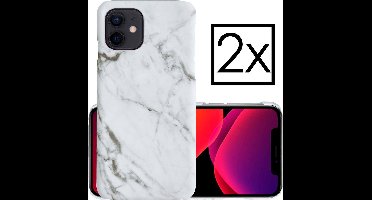 Hoes Geschikt voor iPhone 12 Hoesje Marmer Back Case Hardcover Marmeren Hoes Marmer - Wit - 2 PACK