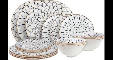 Cookinglife Serviesset Noria Wit met Blauwe Accenten 18-delig - Servies Set 6 Personen - Modern Design Aardewerk - Vaatwasser- & Magnetronbestendig
