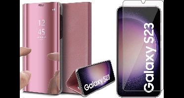 Hoesje geschikt voor Samsung Galaxy S23 - Screen Protector GlassGuard - Book Case Spiegel Roségoud & Screenprotector