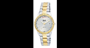 Q&Q A15A-002PY - Horloge - Analoog - Vrouwen - Dames - Stalen band - Rond - Metaal - Streepjes - Datumaanduiding - Zilverkleurig - Goudkleurig - 5 ATM