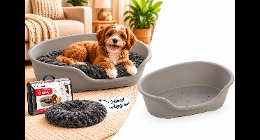 Flamingo Mand Tuck Ovaal Grijs – Maat S – 58×38×20 cm – Comfortabele Kunststof Hondenmand voor Kleine Honden en Pups
