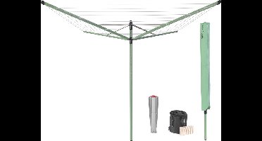 Brabantia Lift-O-Matic Droogmolen - met Metalen Grondanker, Beschermhoes, Wasknijpertasje en Wasknijpers - 50 m - Leaf Green