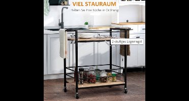 Keukenwagen – Serveerwagen – Trolley – Opbergwagen – Keukentrolley – Houten Planken & Stalen Frame – Verrijdbaar Met Railing 82x40x75 cm