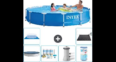 Intex Rond Frame Zwembad - 366 x 76 cm - Blauw - Inclusief Afdekzeil - Onderhoudspakket - Zwembadfilterpomp - Filter - Grondzeil - Solar Mat - 7-delig