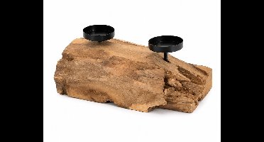 Woonyard Teakhouten Kaarsenhouder met 2 Kaarshouders - Natuurlijke Boomstam - Hout & Metaal - 28 x 18 x 12 cm - Landelijke Woondecoratie