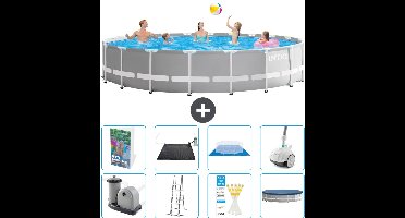 Intex Rond Prism Frame Zwembad - 610 x 132 cm - Grijs - Inclusief Pomp - Ladder - Grondzeil - Afdekzeil - Solar Mat - Stofzuiger - 9-delig