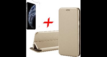 Hoesje geschikt voor iPhone 11 pro max - book case cover Kunstleer wallet goud + Screenprotector glas tempered glass screen protector