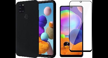 Hoesje geschikt voor Samsung Galaxy A21s - Liquid Siliconen Case Zwart + Screen Protector Full