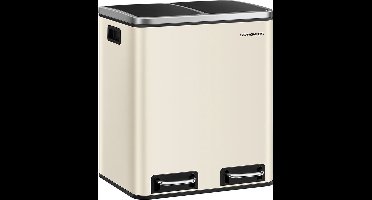 Premium prullenbak - Pedaalemmer 2 vakken 2 x 15 liter - Afvalscheiding 30 Ltr soft close voor gele zakken - organisch afval - zandbeige-zwarte inkt