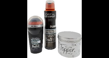 L’Oréal Men Expert Carbon Heren Cadeauset – Deo Spray & Deo Roller + Snoepblikje “Echte Topper” – Cadeau voor Mannen
