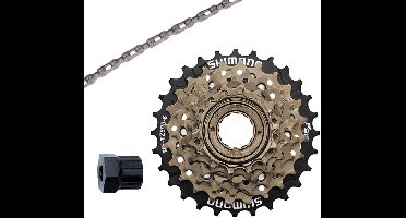 6 speed ketting + Shimano TZ500 14-28T 6speed Freewheel / Pion / Opschroef cassette + Afnemer Tool