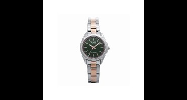Q&Q-dameshorloge-model c05a-521py-rose zilverkleurig-5 atm waterdicht-groene wijzerplaat-diameter 30 mm-stalen schakelband-