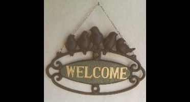 Gietijzeren wandbordje 5 vogels  "Welcome" - gietijzer
