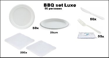 Luxe BBQ set 50 personen - 50x Bord 26cm suikerriet - 50x Mes Herbruikbaar wit - Vork Herbruikbaar wit - 200x Servetten wit - Festival Themafeest party tuin feest