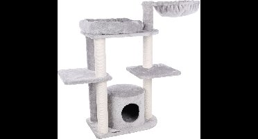 Krabpaal – Flamingo Fenway Grijs – 119x42,5x104 cm – krabpaal met hangmat, mand & schuilhuisje – kattenmeubel met katoenen krabtouw & pluche bekleding – stevige kattenboom