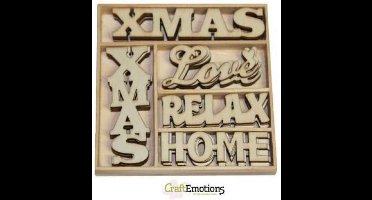 CraftEmotions Houten ornamenten - Xmas woorden 25 assorti  - box 10.5 x 10.5 cm