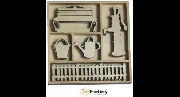 CraftEmotions Houten ornament Botanical Summer - pomp hekje 25 assorti  - box 10.5 x 10.5 cm