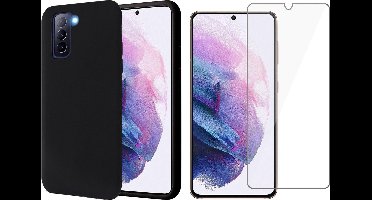 Hoesje geschikt voor Samsung S21 - Zwart Siliconen Case - Screen Protector Glas