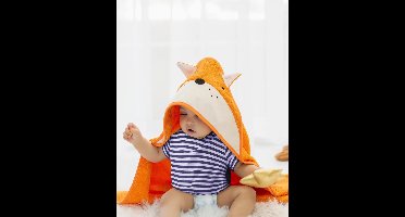 SNS Baby | 100% Katoen | Baby Inbakerdoek | 75 x 75 cm | Knuffelig & Absorberend | Baby Handdoek met Kap | Baby Badhanddoek | Badhanddoek | Baphanddoek Pasgeborenen | Voorgestelde Handdoek | Fox Patroon