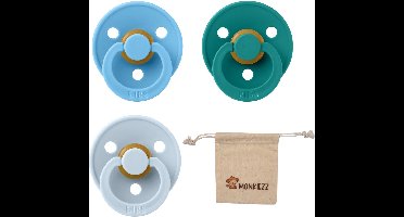 BIBS Fopspenen - Maat 2 6-18 maanden - Latex – Breeze, Scuba, Baby Blue + Monkiezz speenzakje