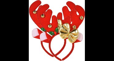 Christmas Decoration kerst diadeem/haarband - 2x -rendier gewei strik- rood