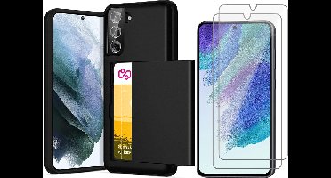 Hoesje met Pasjeshouder geschikt voor Samsung Galaxy S21 FE - 2x Screen Protector GlassGuard - Back Cover SlideCase Zwart & Screenprotector