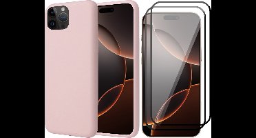 Hoesje geschikt voor iPhone 16 Pro Max - 2x Screenprotector Volledig Dekkend Glas - Matte Case Roze met Fluweelzachte Binnenzijde