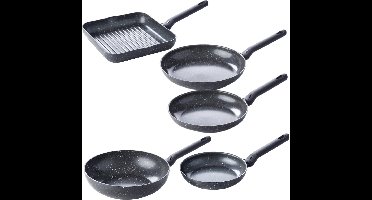 BK Universe Pannenset - Koekenpan 20cm, 24cm, 28cm + Wokpan 28cm + Grillpan 26cm - PFAS-vrije Antikleeflaag - Inductiegeschikt - Zwart/Graniet