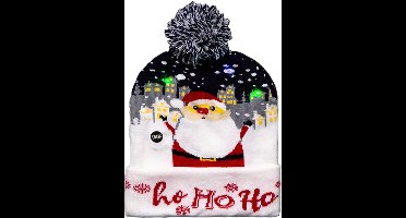 Feeric lights & Christmas Foute winter muts- blauw - Ho Ho Ho - met LED lampjes - volwassenen - verlichte kerstmuts