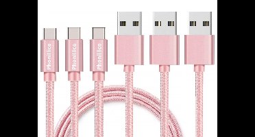 3x USB C naar USB A Nylon Gevlochten Kabel Roze - 1 meter - Oplaadkabel voor Samsung Galaxy M56 5G / M55 5G / M33 5G / M23 5G / M15 5G / M14 5G / F56 5G / F55 5G / F23 / F16 5G / F15 5G / C55 5G