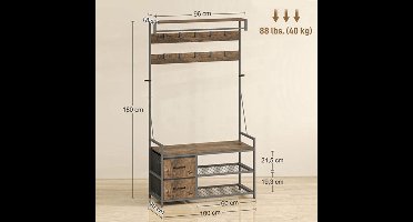 Kapstok – Wandkapstok – Schoenenrek – Zitbank – Opbergkast – Industrieel Design – 10 Haken & 2 Stoffen Lades – Metaal Bruin