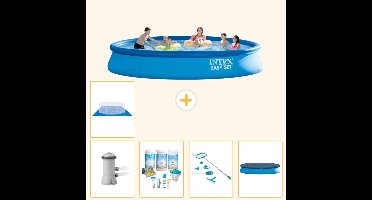 Intex Rond Opblaasbaar Easy Set Zwembad - 457 x 84 cm - Blauw - Inclusief Pomp - Onderhoudspakket - Schoonmaakset - Afdekzeil - Grondzeil - 6-delig