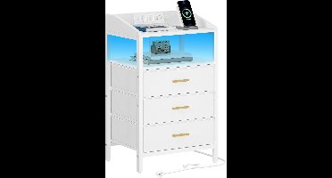 Sierra Nachtkastjes LED Licht en Oplaadstation, Eindtafel met 3 Stoffen Opbergladen en Planken, Bijzettafel met USB Poorten & Stopcontacten, Nachtkastje voor Slaapkamer (Wit, 1er Set)