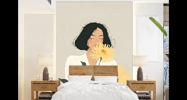 Behang - Fotobehang Vrouw - Bloem - Geel - Minimalistisch - Breedte 160 cm x hoogte 220 cm