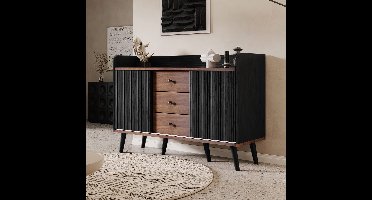 Sierra Dressoir, Commode hout, modern dressoir met schuifdeuren, kast met 3 laden, voor woonkamer, eetkamer en slaapkamer, 117,5x39,5x80 cm, zwart en donker hout
