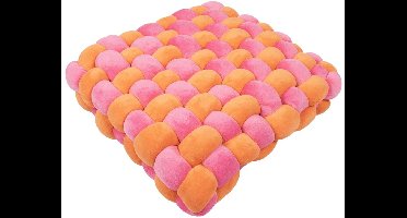 Coockoo Velvet Vibe Kattenkussen - Gevlochten Velours Kussen - Zacht en Stijlvol - 40x40x9,5cm - Oranje/Roze