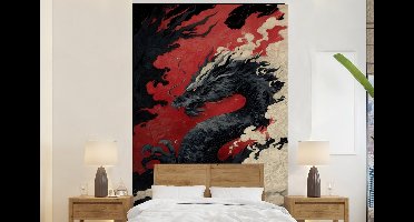 Behang - Fotobehang Zwarte draak - Rookwolken - Rood - Breedte 145 cm x hoogte 220 cm