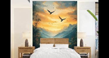 Behang - Fotobehang Vogels - Zon - Bomen - Groen - Breedte 160 cm x hoogte 220 cm
